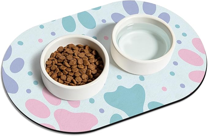 Dog Food Mat 20''x12'', Small Pet Feeding Mat, Non-Slip Rubber Pet Food Mat, Absorbent Cat Dog Water Bowl Mat for Messy Drinkers, Dogs Bowl Placemat for Food and Water, Light Blue Paw