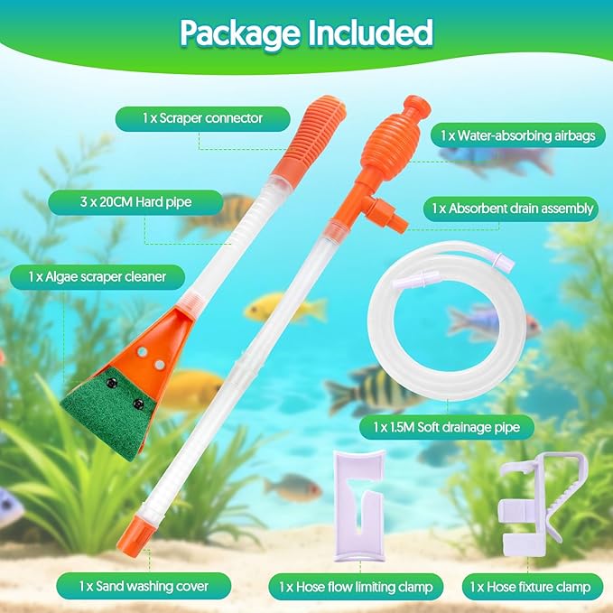Fish Tank Cleaner Gravel Vacuum for Aquarium Water Changer Aquarium Siphon with Double Sided Sponge Brush Algae Scraper Fish Tank Cleaning Kit for Cleaning Gravel & Sand (Orange)