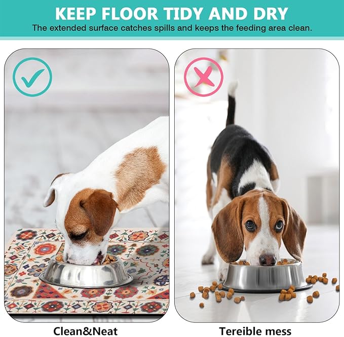Moroccan Trellis Dog Food & Water Mat, Boho Colorful Vintage Pet Feeding Mat for Floor Non-Slip Waterproof, Super Absorbent Cat Bowl Mat, Easy to Clean Durable Pet Placemat,24" × 32"