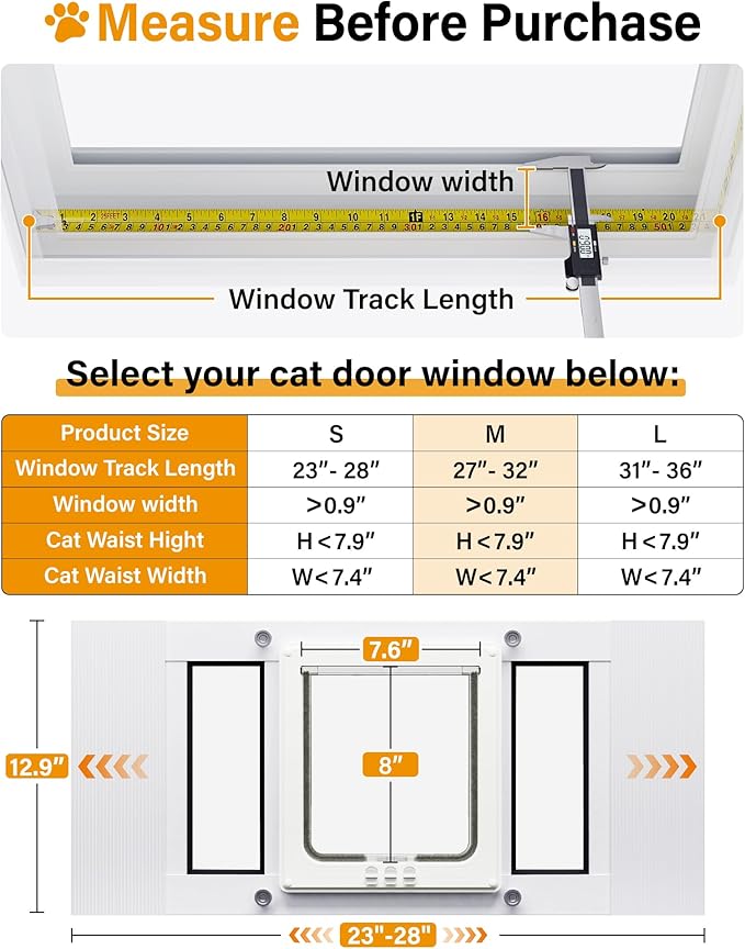 Cat Door for Window Weatherproof: Aluminum Frame Flap Pet Door Quick Fit Window Insert - Easy Adjustable to Fit Windows Width 23"-28" - 4 Secure Lock Modes with Magnetic Closure for Cats Doggy