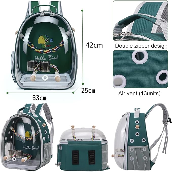 Bird Traval Carrier Cage, Multi Vent Holes Clear Space Capsule Astronaut Backpack to Carry Parakeet Cockatiel Parrot with Metal Tray Wood Perch, Vet Transport Book Bag (Green) (Green)