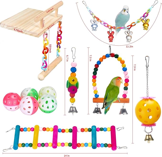 11Pcs Bird Platform Stands Swing Hanging Chewing Toy Parrot Climbing Ladder Colorful Bird Cage Toys for Parakeet, Conure, Cockatiel, Love Birds, Finches