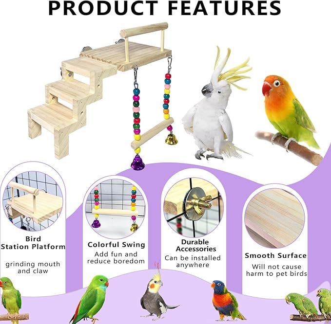 kathson Bird Perches Cage Toys with Bird Climbing Ladder Swing,Wooden Parrot Perches Platform,Parakeet Play Gyms Exercise Stands Cage Accessories for Green Cheeks,Lovebird,Budgie,Cockatiels