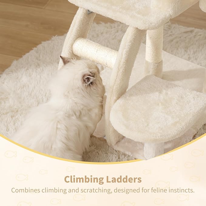 Heybly Cat Tree Tower, Cat condo for Indoor Kittens, Cat House with Wide Plush Top Perch, Ladder, Basket, Sisal-Covered Scratching Posts, Cozy Activity Center for pet, Beige HCT009SM