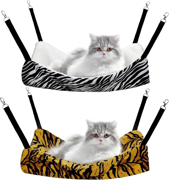 Jetec 2 Pack Cat Hammock for Cage, Catio Accessories Reversible Soft Cats Bed with Adjustable Straps and Hooks Double-Sided Linen and Fleece Hanging Hammock for Cats, Kitten(Zebra, Tiger Stripes,L)