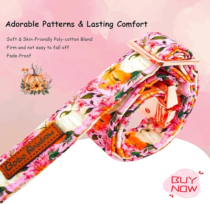 Fall Dog Collar, Pink Flower Pumpkin Print Adjustable Pet Collar Cute Cotton Soft Collars with Bow Tie Metal Buckle Holiday Puppy Collars Boy&Girl Gift for Small Dogs