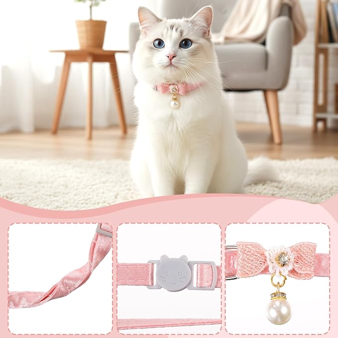 Cat Collar Breakaway, Adjustable Pink Cat Collar with Pearl Pendant, Cute Cat Collars with Safety Buckle Pink Bowtie Kitten Collars for Girl Cats
