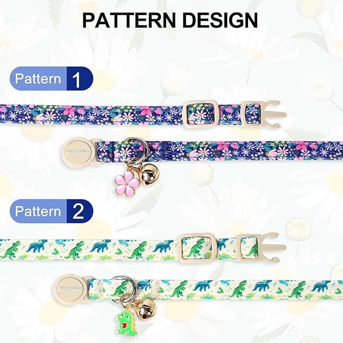 Lionet Paws 2pcs Pack Cotton Cat Collars,Breakaway Buckle with Floral and Dinosaur Pattern， Cute Adjustable Cat Flower Collar