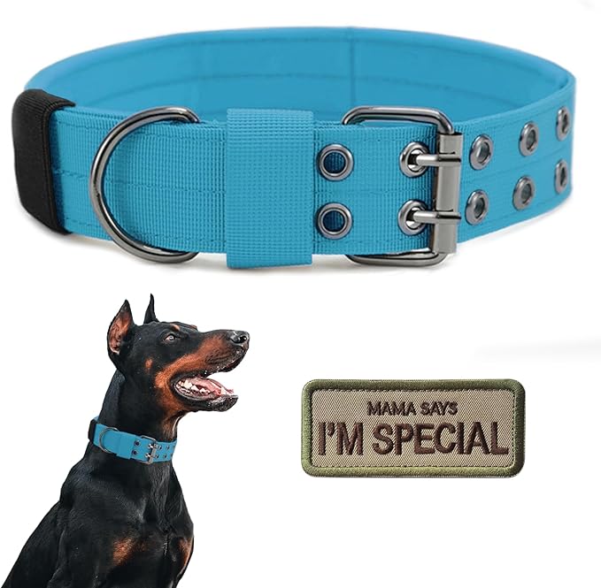 Tactical Dog Collar Military Adjustable Dog Collars Soft Nylon Training Collar with Patch Heavy Duty Metal Buckle Collars for Medium Large Dogs (Blue, M)