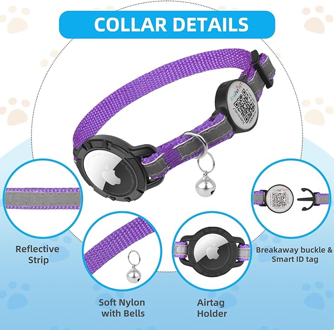 Airtag Cat Collar Breakaway with QR Code Name Tag, Reflective cat Collar airtag Holder with Bell, Cat ID Tag Personalized, Ultra-Durable, Adjustable, Quick Release, Fits Small Large Cats, Purple
