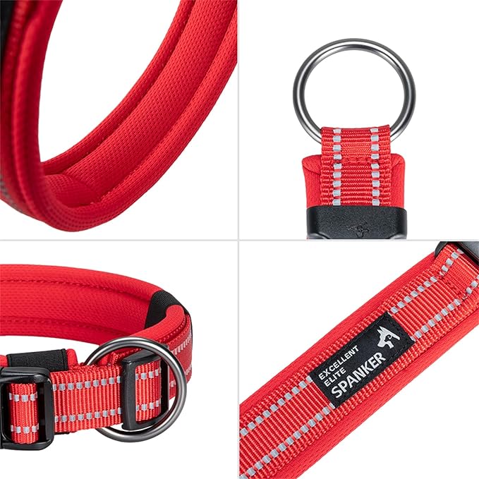 EXCELLENT ELITE SPANKER Reflective Dog Collar Classic Soft Padded Breathable Nylon Adjustable Pet Collar with Quick Release Buckle for Boy Girl Male Female Small Medium Large Dogs Training(Red-S)