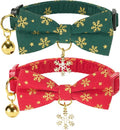 2 Pack Christmas Cat Collar with Bell and Bowtie,with Bling Snowflake Charm and Printing Pattern, Safety Breakaway Clasp, Adjustable for Kitten and Cats Green and Red.
