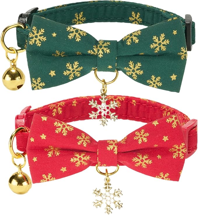 2 Pack Christmas Cat Collar with Bell and Bowtie,with Bling Snowflake Charm and Printing Pattern, Safety Breakaway Clasp, Adjustable for Kitten and Cats Green and Red.