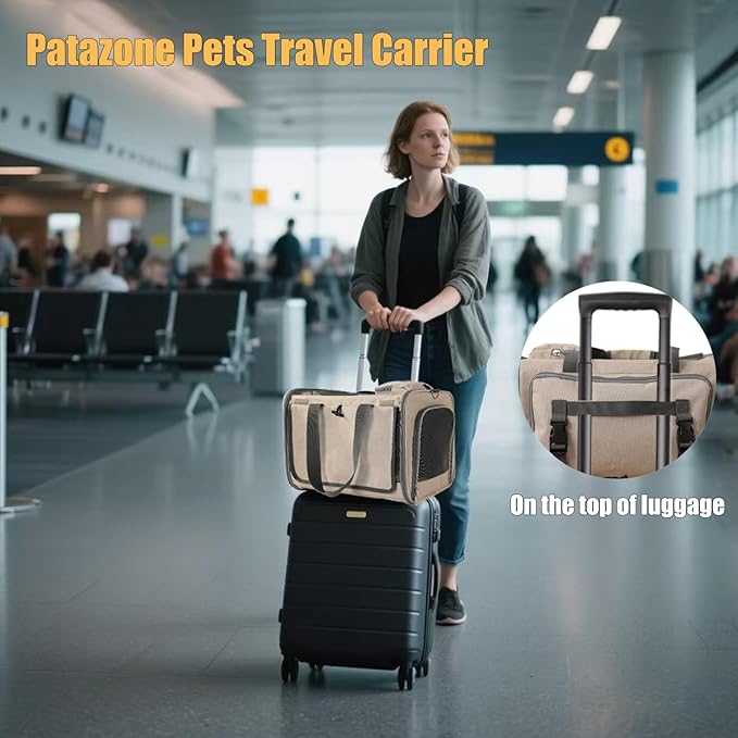 Small Dogs Carriers Airline Approved Khaki Softside Cats Carrier Travel Bag for Medium Large Cats,Puppies,with Large Pocket,Sunshade Curtains,Privacy Protection,Breathable,Outdoor