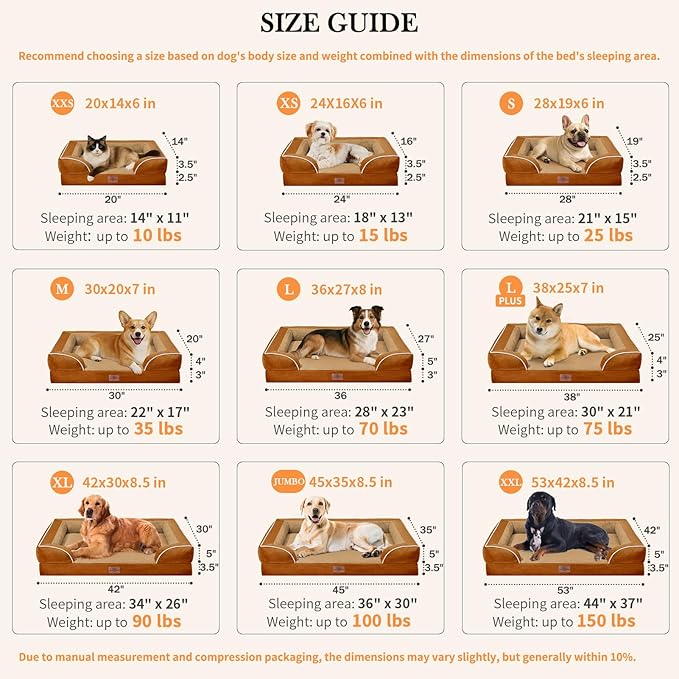 Comfort Expression Orthopedic Dog Bed for Large Dogs 38x25 Inch, Waterproof Supportive Egg Crate Foam Large Pet Bed with Removable Bolsters, Dog Couch with Washable Cover & Non-Slip Bottom, Orange