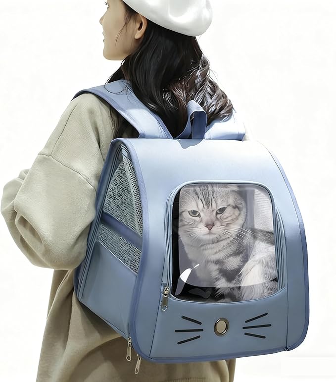 Pet Backpack Carrier, Traveler Breathable Transparent Carrier for Cats or Dogs, Large Space and Foldable Pet Carrier for Travel, Hiking, Shopping, and Vet, Cute, Suitable for Kids (Blue)