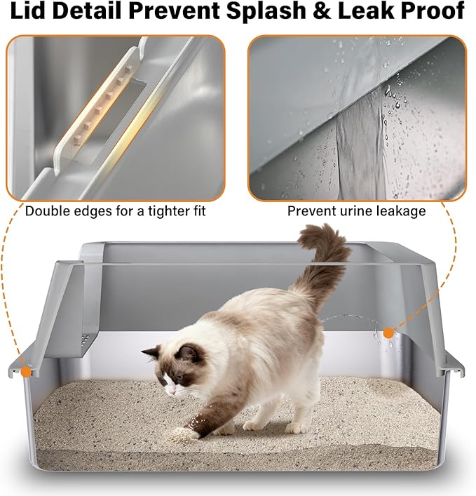 Stainless Steel Litter Box,XL Metal Cat Litter Box with Lid High Sides, Extra Large Litter Boxes for Big Cats,Odor-Resistant, Scratch-Proof, Easy to Clean, Non-Stick,Scoop Included