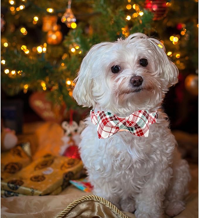 Dog Collar, Christmas Dog Collar Plaid Pet Collar Bow Holiday Bows Girl Boy Puppy Collar Adjustable Pet Collar for X-Small Dogs