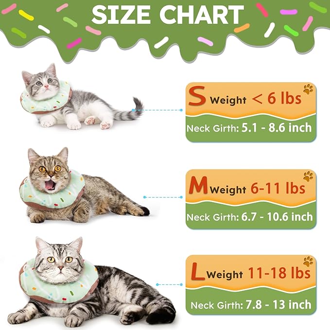 Cat Cone Collar Soft, Waterproof Cat Recovery Collars Spay Cones to Stop Licking Cute Donut E Collar After Surgery Anti-Lick Wound Healing Safety Elizabethan Collar for Kittens (Donut Green, Medium)