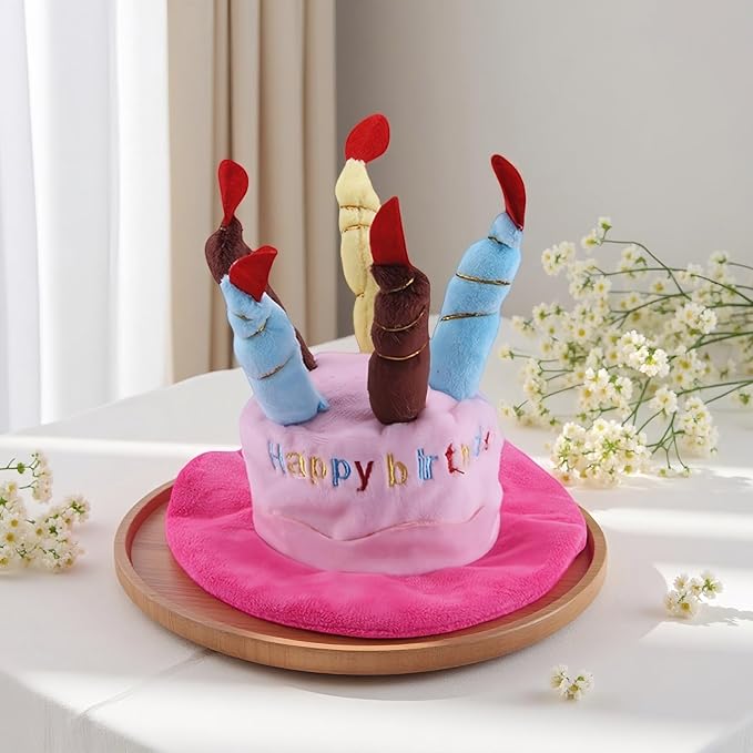 Cute Pet Party Hat for Dogs&Cats - Soft Fluffy Birthday Cap with 5 Color Candles (Blue), Adjustable Strap for Halloween,Costume&Photo Shoots,Fits Small to Large Pets,Washable&Comfortable ﻿ (Pink)