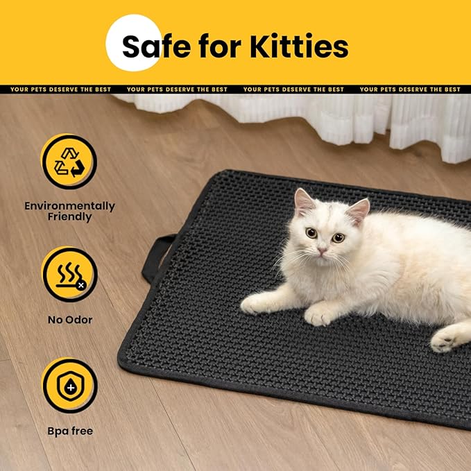 Cat Litter Mat, Upgrade Super Waterproof Back Layer Litter Box Mat, Non Slip, Durable, Soft on Paws Kitty Trapping Matt (27"x19", Black)