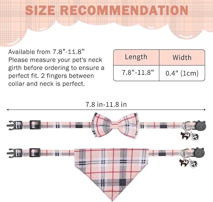SCENEREAL Plaid Cat Collar with Bow Bandana - 2 Pack Breakaway Kitten Collar with Removable Bowtie Bell, Adjustable Cute Cat Collar for Cats Kittens, Beige