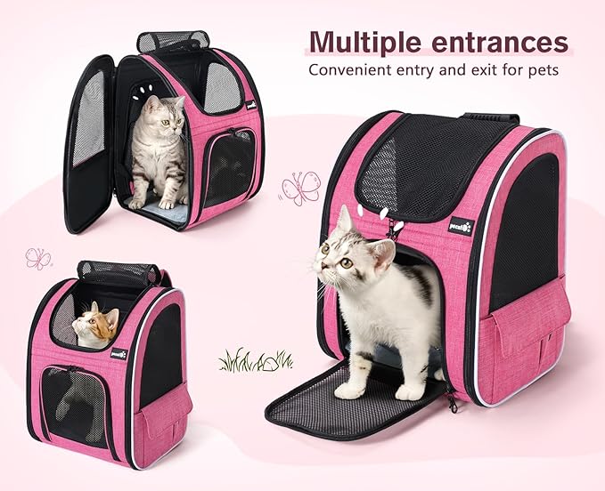 Pecute Cat Backpack Carrier Expandable, Pet Backpack for Cats & Small Dogs Up to 11lbs, with 4-Side Breathable Mesh, Multi-Entry & Lockable Zippers for Travel, Hiking, Camping - Hands Free, Pink