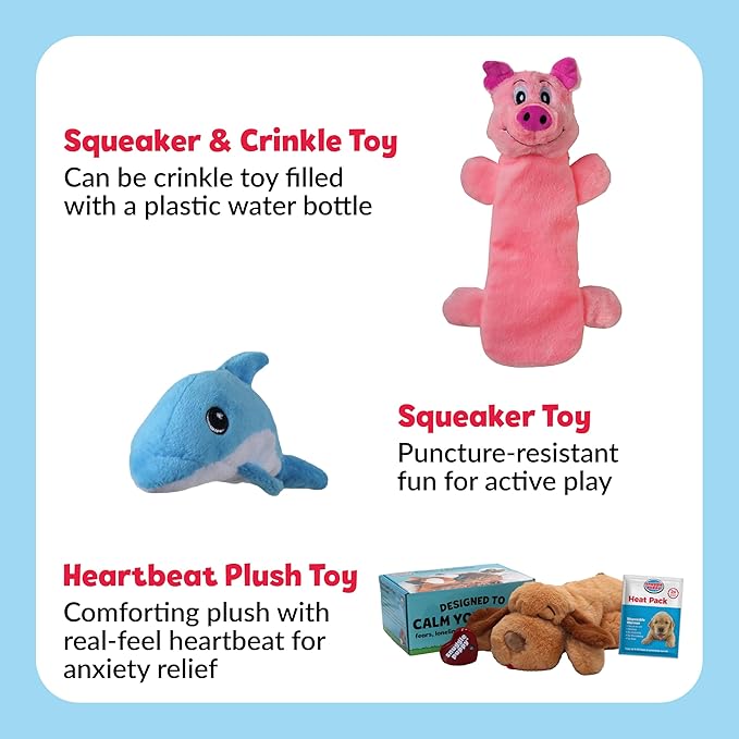 Snuggle Puppy Original, Dog Toy with Calming Heartbeat, Soothing Plush Companion Reduces Pet Anxiety, Includes Heat Pack & Batteries + 2 Tender-Tuff Dog Toys, Squeaker & Bottle Toy