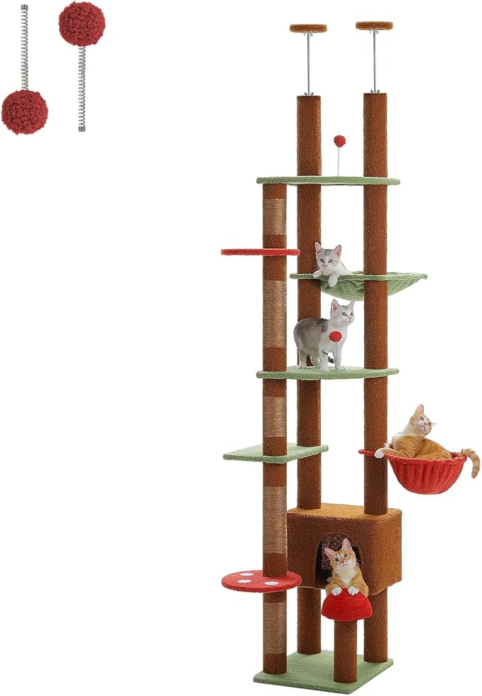 PETEPELA Floor to Ceiling Cat Tree, Adjustable 90.5''-100.4'' Cat Tower Mushroom Climbing Tree with Scratching Posts, Spacious Condo and Large Hammock for Indoor Cats Large Adult, Brown