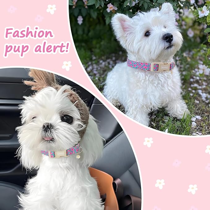 Cotton Floral Dog Collar,Green Dog Collar with Pink Flower, Adjustable Puppy Dog Collars for Small Medium Large, Cute Girl or Boy Dog Collar Ideal for Gifts,Pet Accessory,S