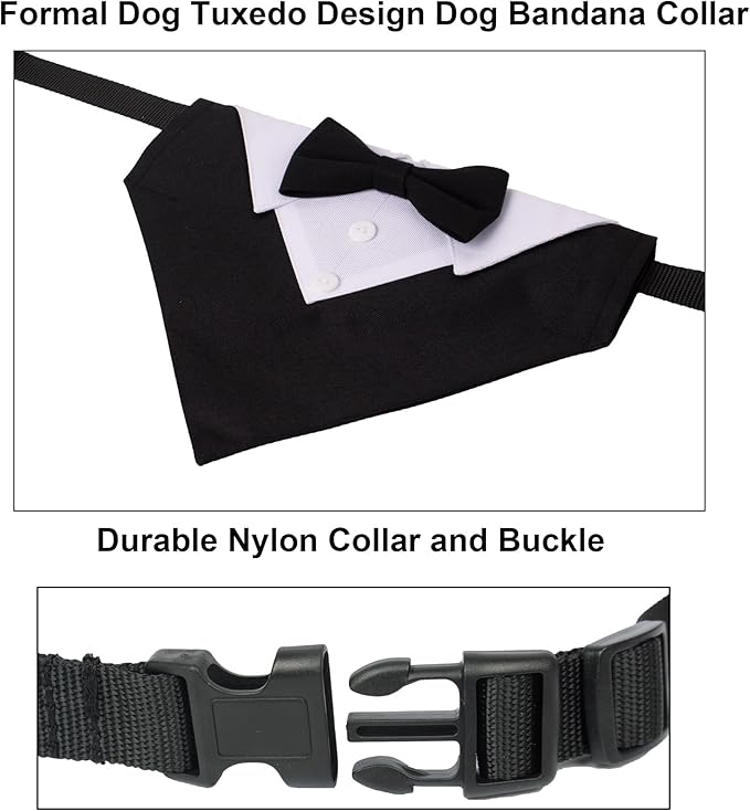 ADOGGYGO Formal Dog Tuxedo, Wedding Dog Collar with Bow Tie, Adjustable Pet Wedding Collar Bandana for Small Medium Large Dogs (Large, Black)