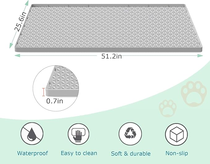 Cat Litter Mat for Litter Box, Silicone Large Cat Litter Trapping Mat - 51.2x25.6 in, Waterproof & Non-Slip, Durable & Easy Clean, Light Gray