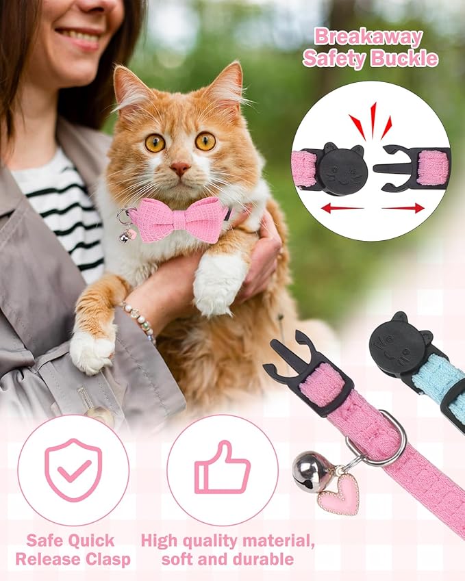 Cat Collar Breakaway with Bells, Soft Cotton Pink Cat Bowtie Collar for Girl Cats, Small Cats Collar with Bow for Spring Summer, 2 Pack Cute Kitten Collars with Removable Bowtie 8-12Inch