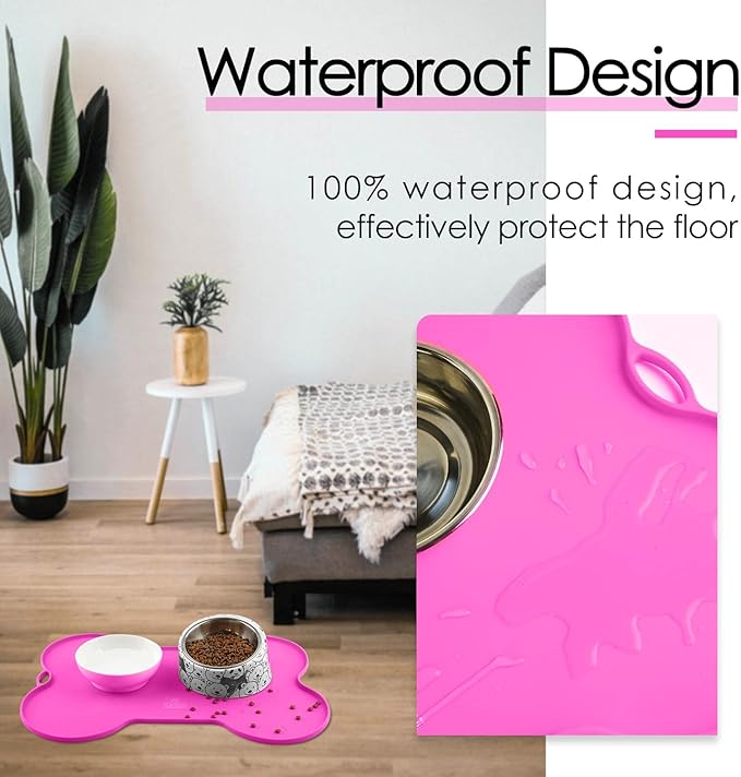 Super Design Dog Food Mat Dog Bowl Mat for Food and Water Silicone Non Spill Cat Feeding Mat Puppy Placemat Waterproof - 20.5" x 14.5", Rose