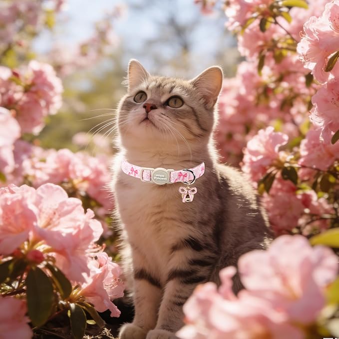 Unique Style Paws Pink Flower Kitten Collars,Cute Pink Bow Cats Collar with Bell,Kitten Collar Breakaway Buckle with Heart Pattern,Adjustable Flower Cat Collars,Ideal Gift for Boy Girl Cats