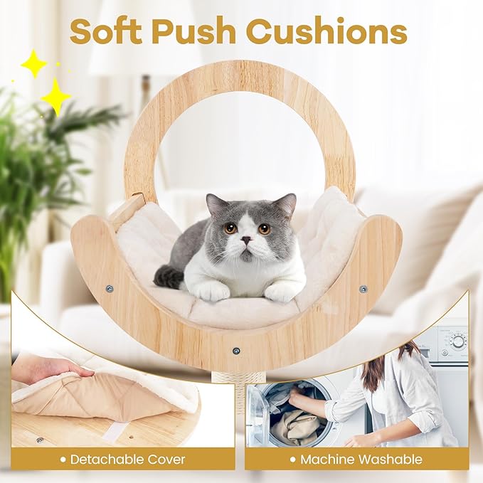 Nightcore 57” Tall Solid Wood Cat Tree for Indoor Cats, Building Block Kitten Tower w/Perch, Scratching Posts, Washable Cushions, 4 Install Options, Multi-Level Cat Activity Center Climbing Furniture