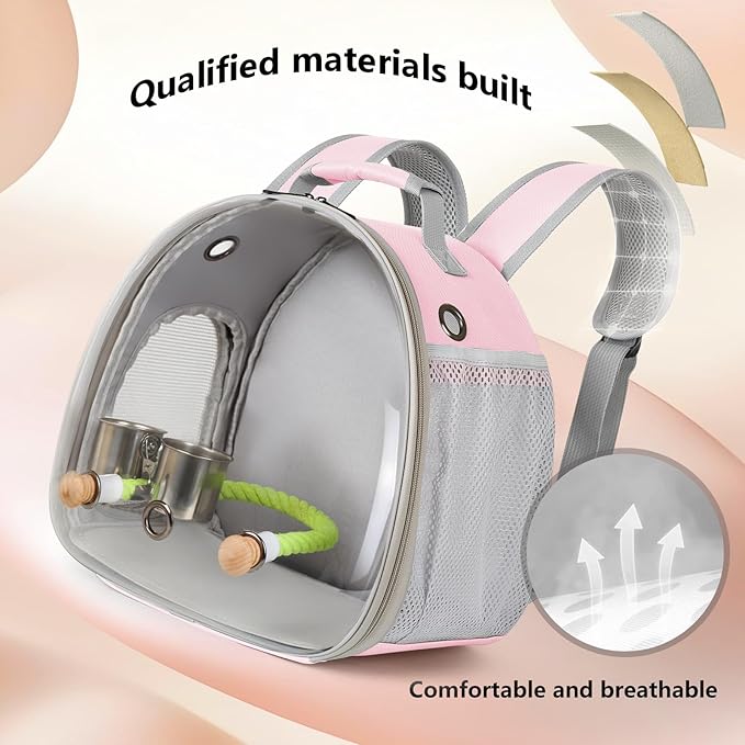 Small Bird Travel Backpack Carrier Cage with Cups, Backpack to Transport Backpack Carrier with Clamp Cups Stand Perch for Parakeet Cockatiel Budgies Vet Carry Book Bag Pink