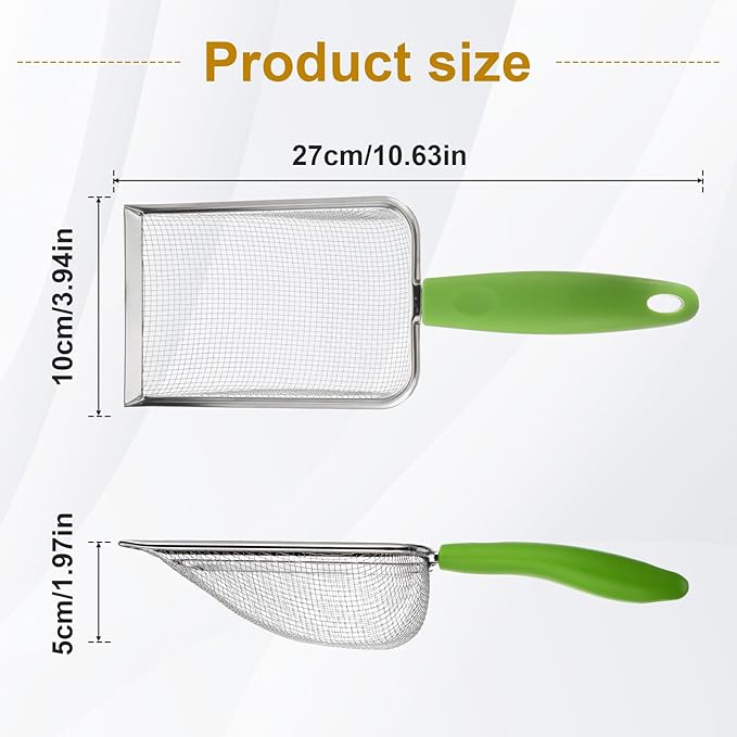 Stainless Steel Mesh Litter Shovel, Fine Mesh Metal Reptile Litter Cleaner Scooper, Green Non-Slip Handle Sifter for Lizard Substrate Reptile Terrarium Sand Waste