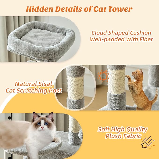 Cat Tree Tower 44 Inch, Small Cat Tower with Condo, Hammock, Sisal Scratching Posts, Extended Perch, Pet Play House for Indoor Kittens and Cats, Light Grey