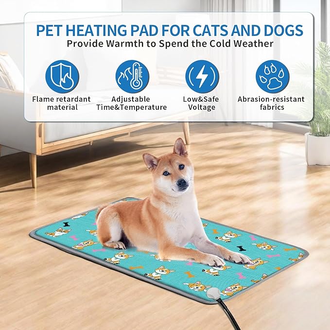 Large Dog Heating Pad 34x21in with Smart Thermostat Switch and Power Line Protection Tube,Obtained MET and UL Dual Certification,Waterproof Pet Pad, Suitable for Dogs of All Ages-Blue