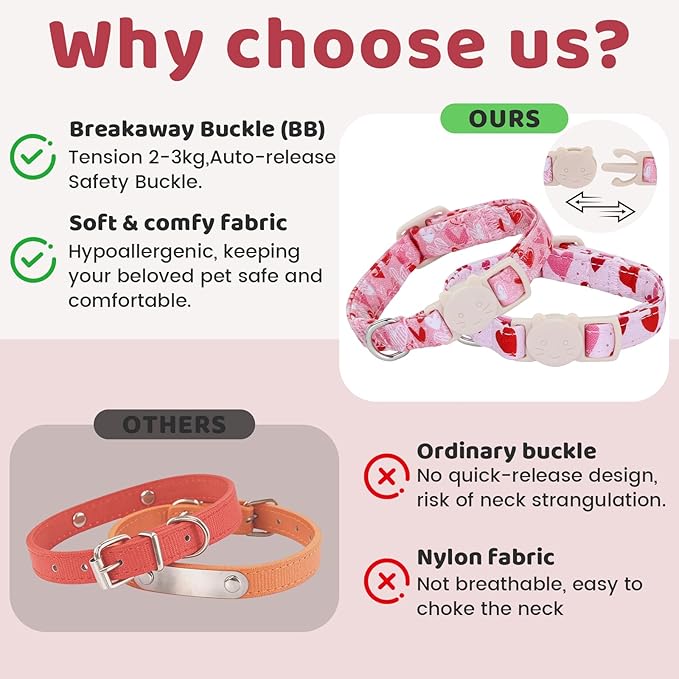 Valentine Cat Collar-2 Pack Collars Red Heart and Line Heart Print Breakaway with Kitten and Bell Pendant Safety Buckle Adjustable Pet Collar for Cats Gift for Cats and Small Pets