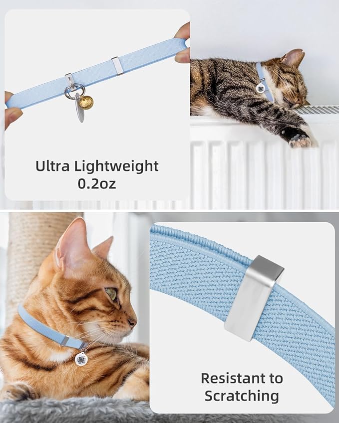Cat Collar with Bell, Stretch Elastic Quick Release, Modifiable Pet Online Profile Page, Multiple Emergency Contact, Non Breakaway Lightweight Kitten Collar for Girl Cats, Pet Supplies, Gifts, Blue