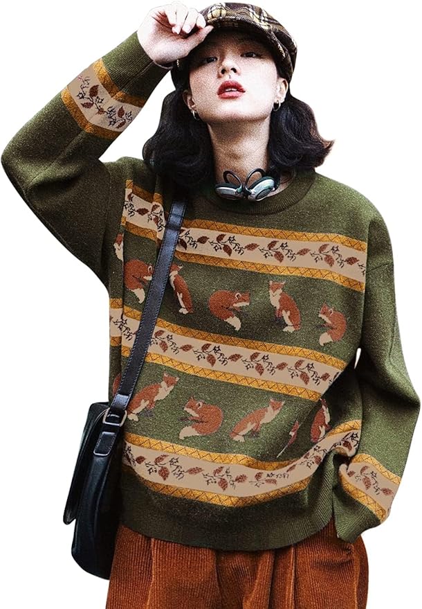 YESNO Women Christmas Sweater Graphic Printed Oversized Pullover Sweaters Casual Loose Knit Tops S01