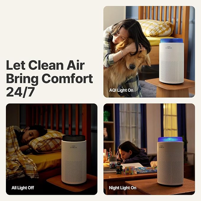 COWAY Air Purifiers for Bedroom Home up to 450 ft², Particulate Filter for Smoke, Allergies, Pet Dander, AQI Monitor, Auto&Sleep Mode, Timer, Filter Indicator, Night Light, 3yr Warranty, 50 White