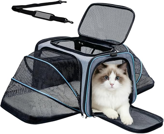 Double Expandable Cat Carrier,Airline Approved Soft-Sided Pet Travel Carrier for Small Dogs Cats under 15 lbs,Waterproof 600D Oxford Fabric with Washable Replacement Liner,Odor-Free & Claw-Proof(Blue)