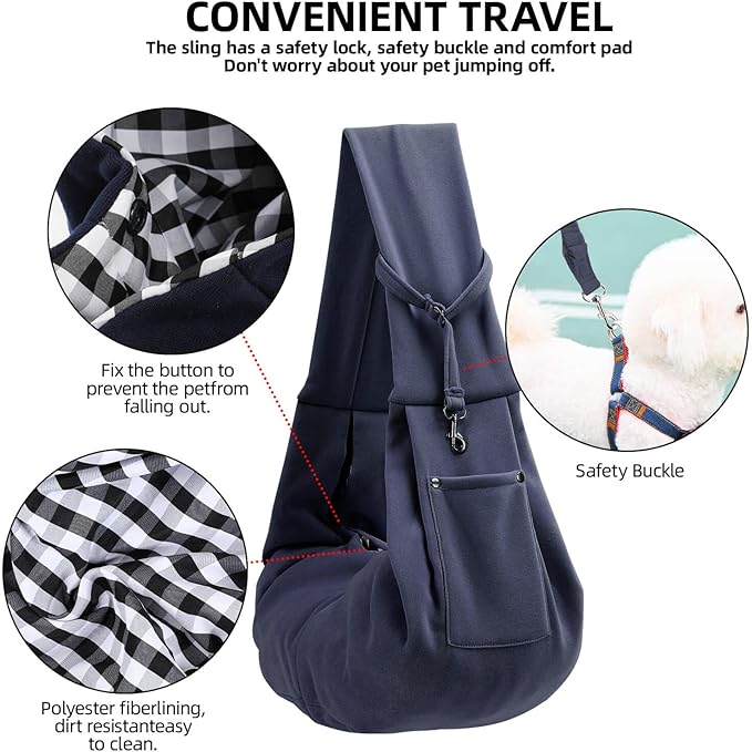 Dog Carrier Sling - Reversible Puppy Carrier Purse with Storage Pocket, Hand-Free Dog Sling Carrier for Carry Small Dogs and Cats, Travel Safety Harness, Dog and Cat Harness (Dark Blue)