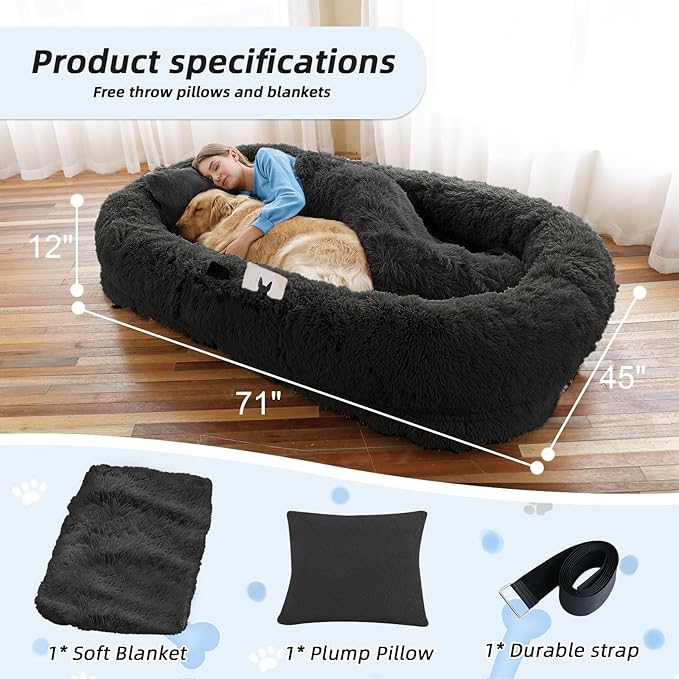 Human Dog Bed, 71''x45''x12'' Size Fits You and Pets, Washable Faux Fur Pet Bed for People Doze Off, Napping Orthopedic Dog Bed, Present Plump Pillow, Blanket, Strap - Black
