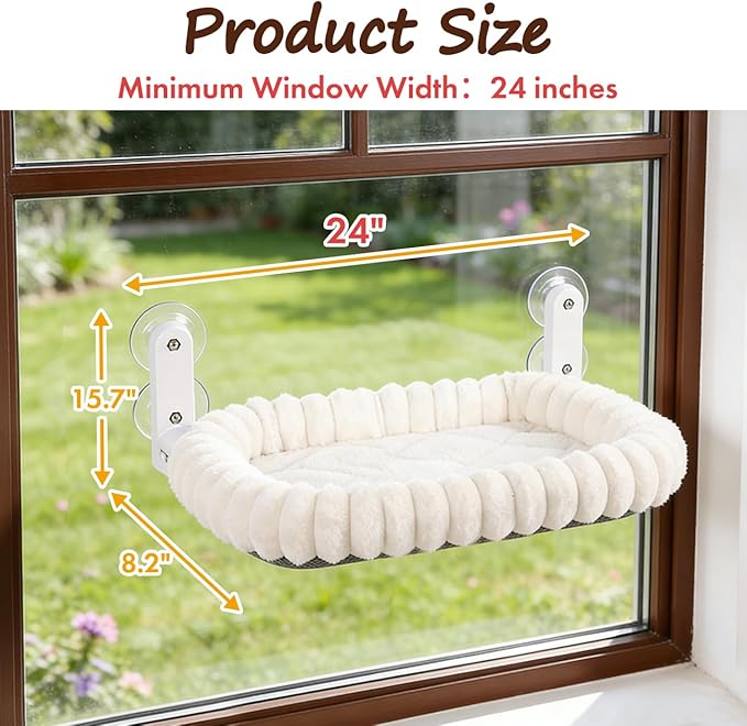 2PC Cat Window Perch with Bolster Foldable Cat Hammock Cushion Bed for Window with Metal Frame, Cloud-Cuddle Cordless Window Resting Seat for Indoor Cats (Cushion Bed, White-M)