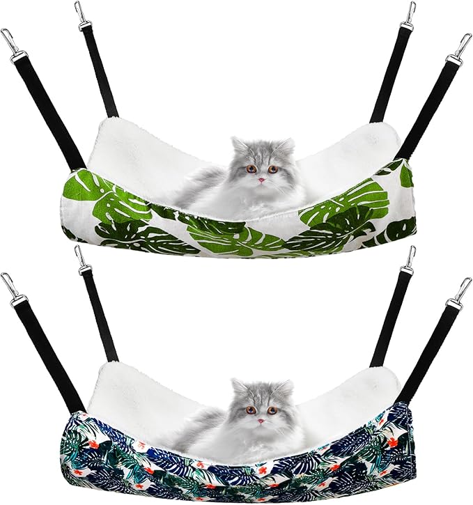 Jetec 2 Pack Cat Hammock for Cage, Catio Accessories Reversible Soft Cats Bed with Adjustable Straps and Hooks Double-Sided Linen and Fleece Hanging Hammock for Cats, Kitten(Monstera Leaf,M)
