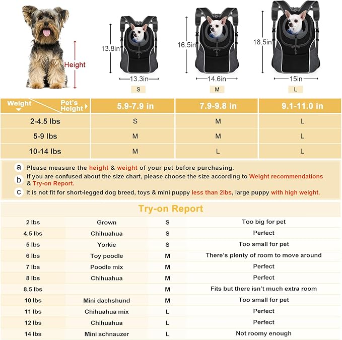 WOYYHO Pet Dog Carrier Backpack Small Dog Front Backpack Ventilated Dog Carrier Back Pack with Storage Pockets, Adjustable Straps & Safety Belt for Travel Hiking Outdoor (Size L: 10-14 lbs, Black)